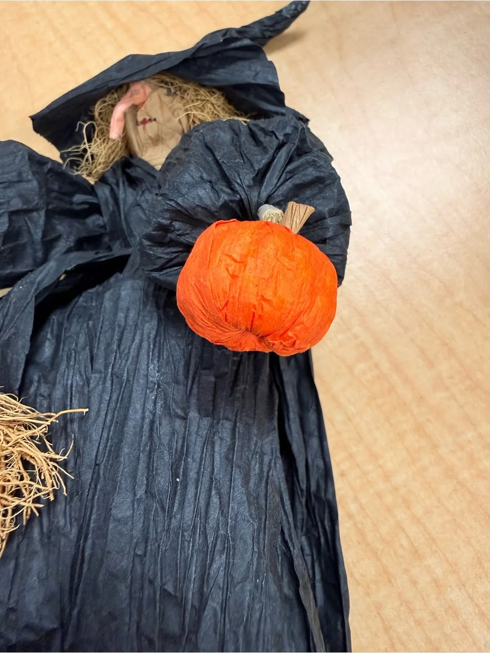 Handmade Primitive Crepe Paper Kitchen Witch Doll Figure w/ Broom & Pumpkin